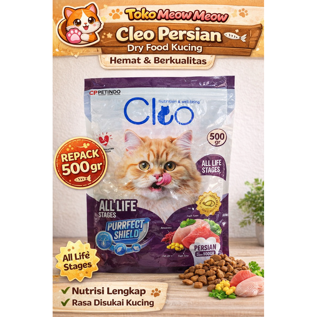 Cleo Persian Dry Food Kucing Repack 500gr – Makanan Kucing Murah Nutrisi Lengkap All Life Stages