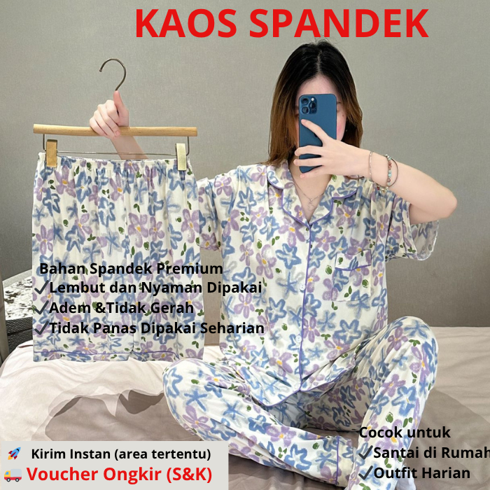 Piyama Kaos Lengan Pendek 2 Celana 1 baju LEISURE WEAR / Baju Tidur Lengan Pendek Busui 3IN1