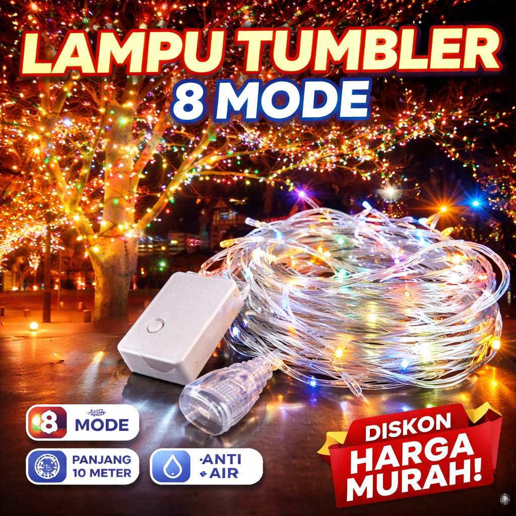 Lampu Tumbler LED 8 Mode Rainbow 10 Meter | Lampu Hias Natal Outdoor Anti Air | Lampu Dekorasi Warna