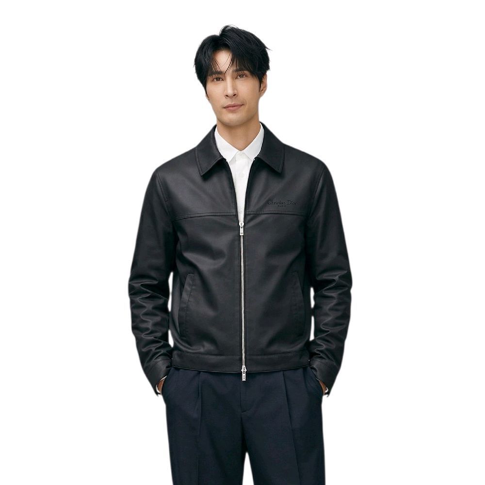 Damen Herren Jacket Collar Leather Text Logo Debossed Black OROR