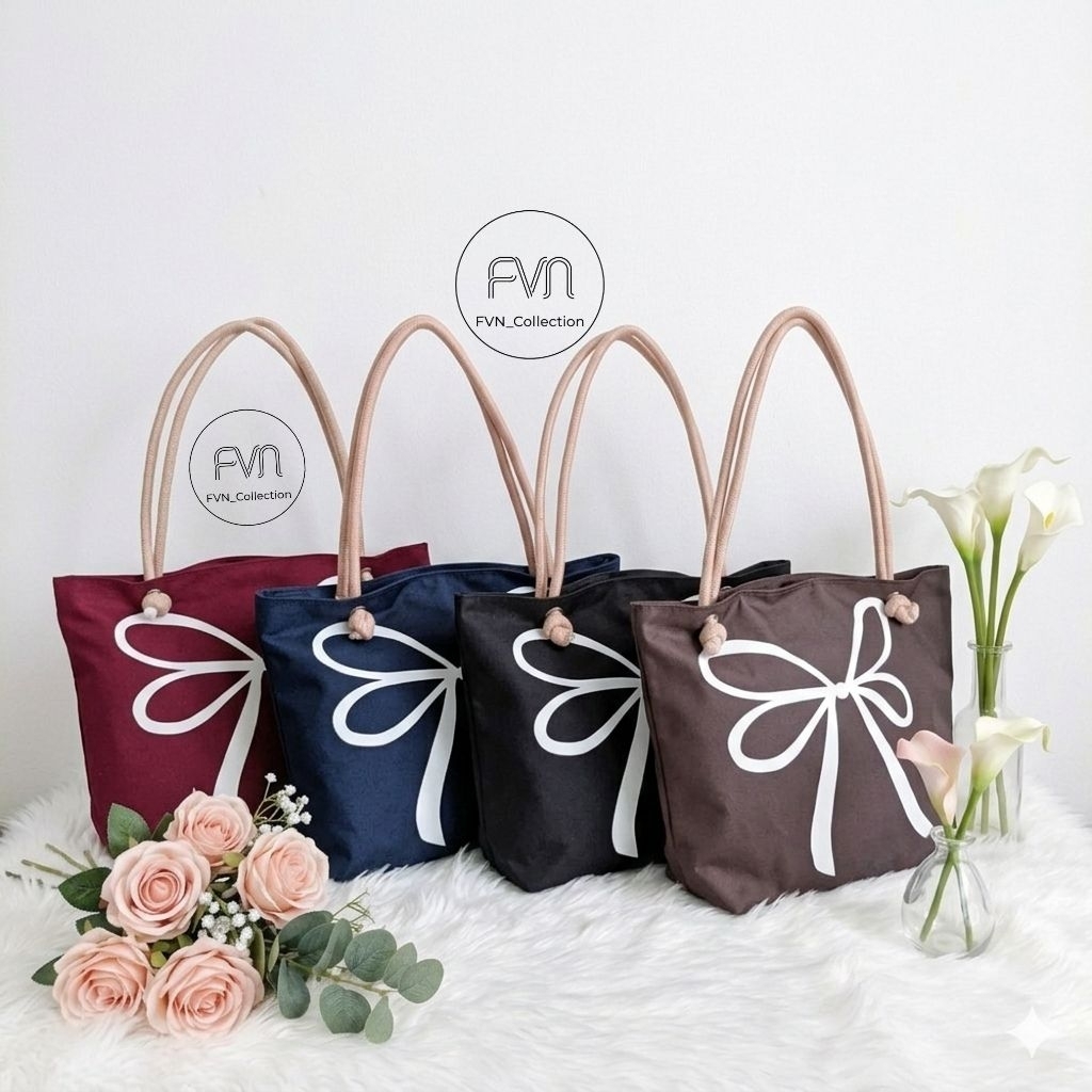 Fvn_Collection (Gratis 1 hadiah menarik) Tas Wanita Tote Bag Pita Besar Motif Kanvas Premium dengan 