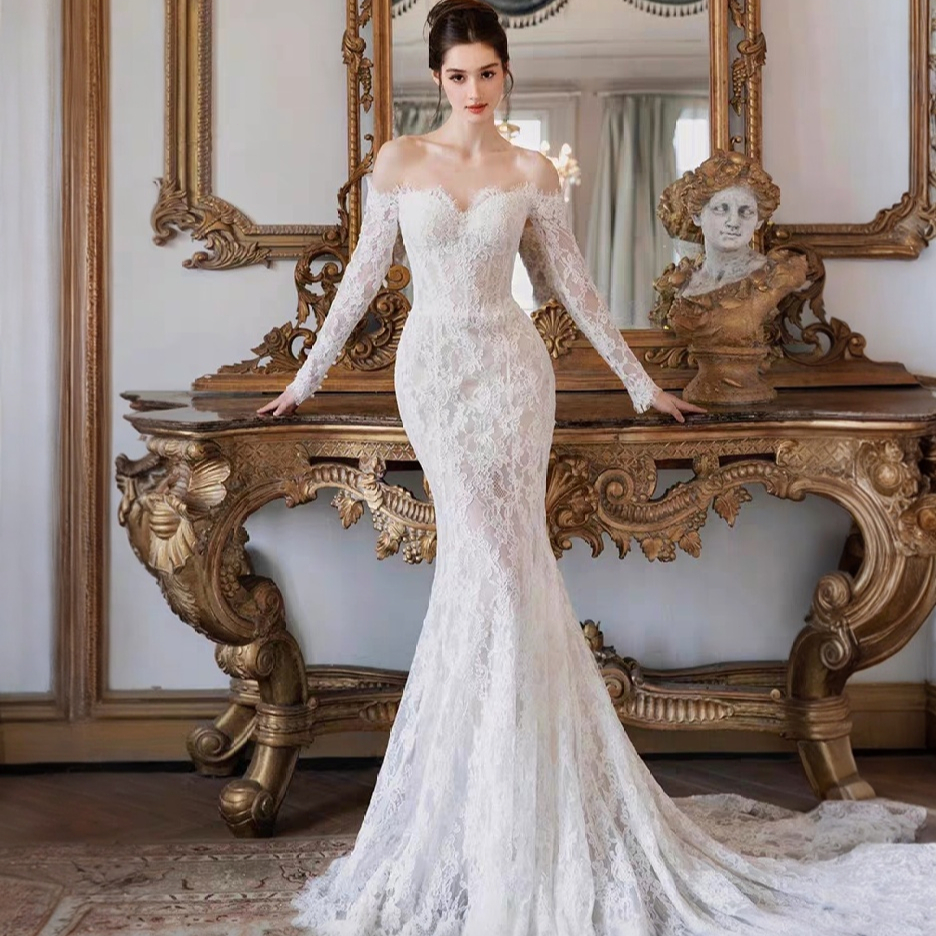 Wanita Putih Lace Mermaid Gaun Pengantin Ekor Panjang Sabrina Slim Gaun Pesta