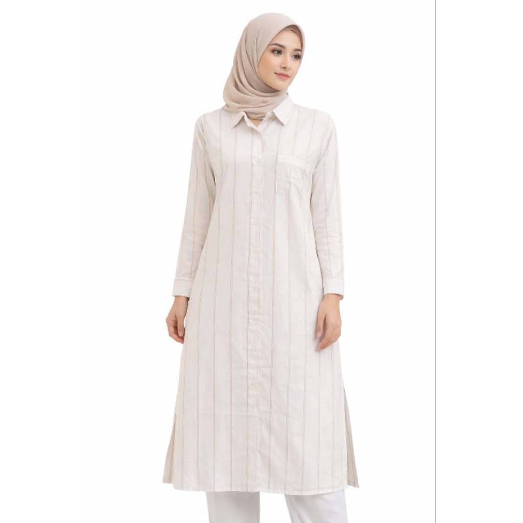Tunik wanita branded Nevada | motif polos salur | bahan katun rayon