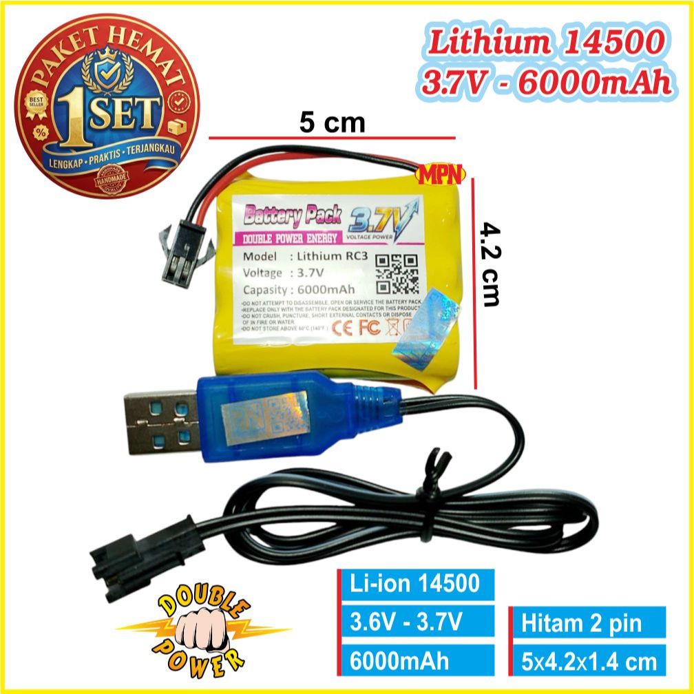Batre Mobil RC , HARGA 1 SET RC Type Rc3 Lithium 14500 3.6V sampai 3.7V - 6000mah Soket Hitam 2 pin