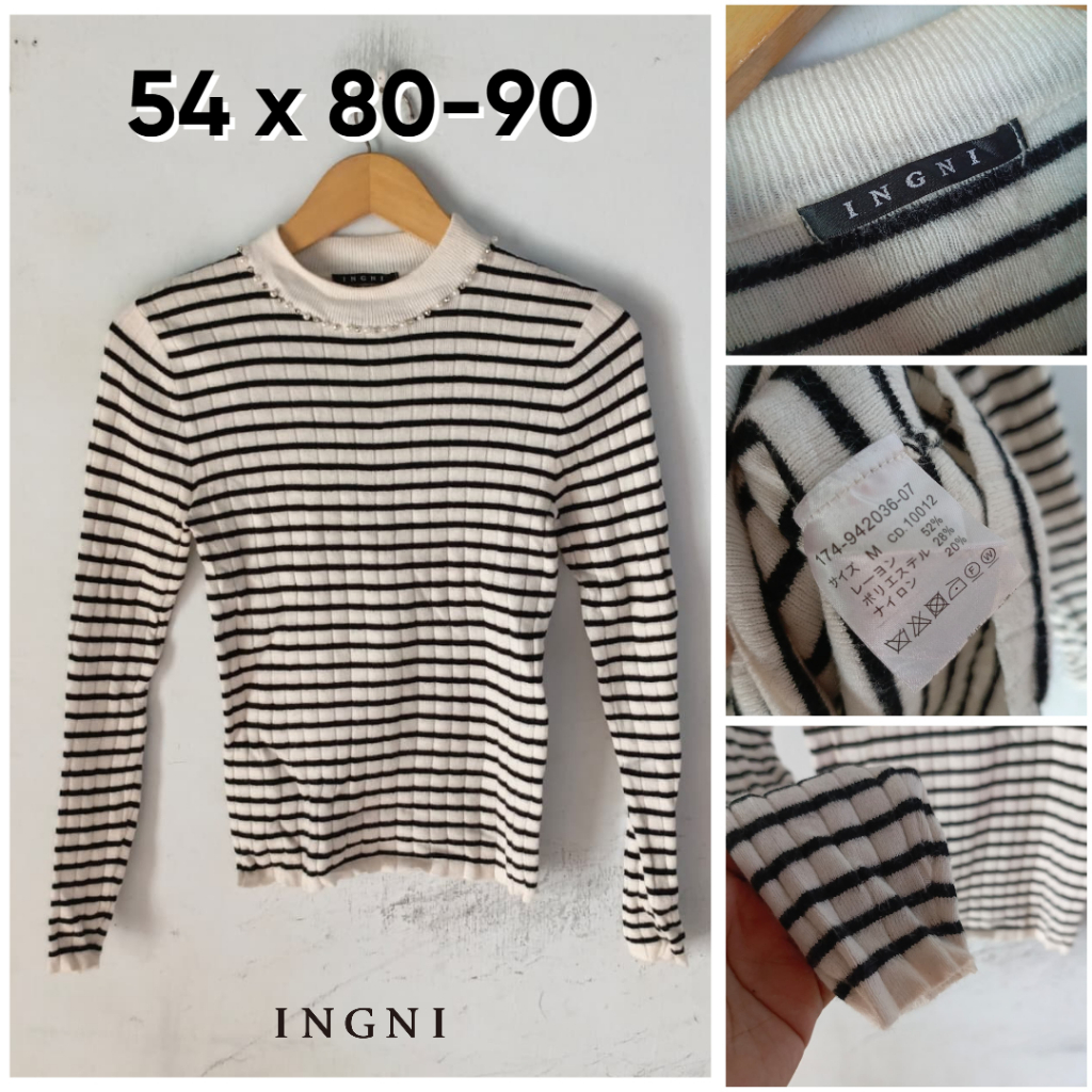 Sweater INGNI Salur Hitam Putih Wanita Manik Manik Leher Knit KL523
