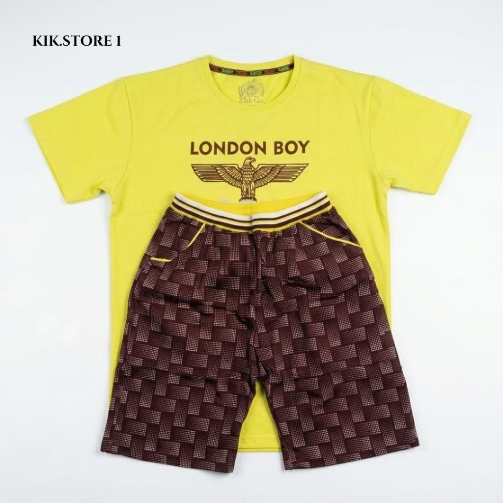 Setelan Anak Remaja Laki-Laki London Boy Kuning Kaos + Celana Pendek Motif Setelan Anak Umur 10–15 T