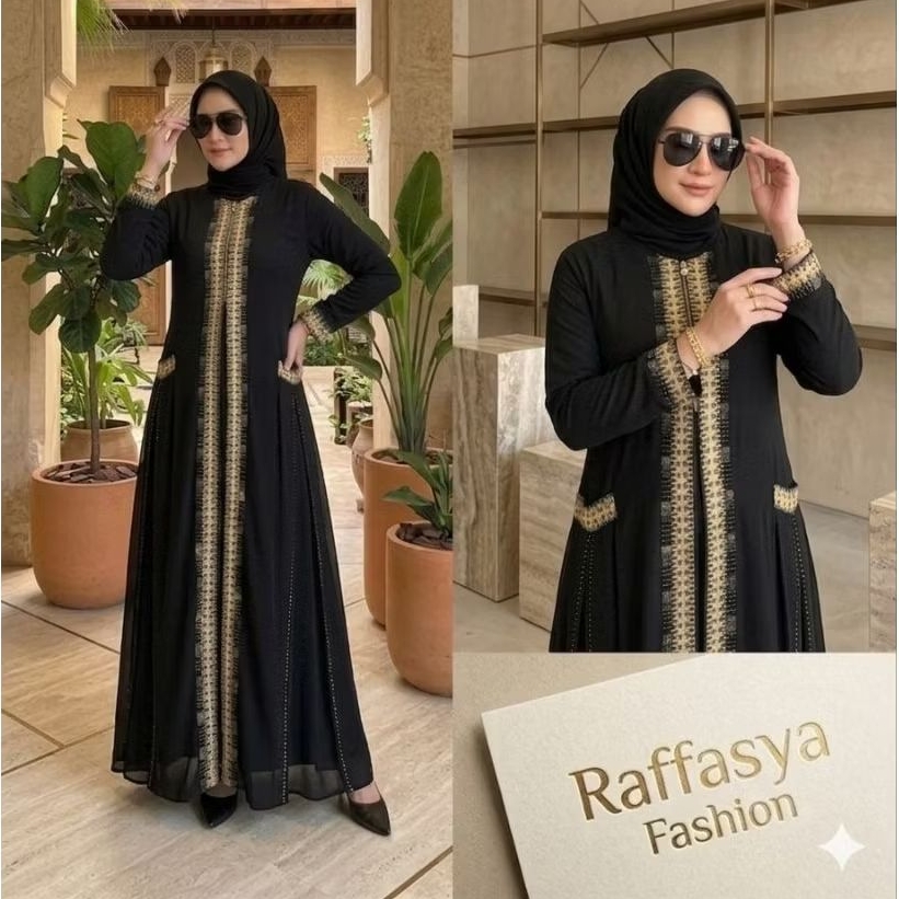 GAMIS ABAYA TURKEY BORDIR COUPLE IBU ANAK BUSUI REINA FULL HITAM