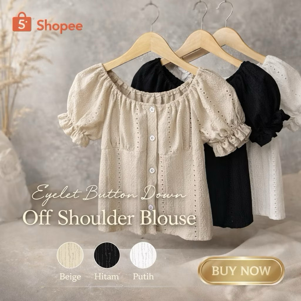 Crop Top Korean Style Blouse Kaos Wanita Crop Brokat Lengan Puff Kancing Bunga - Bora Crop