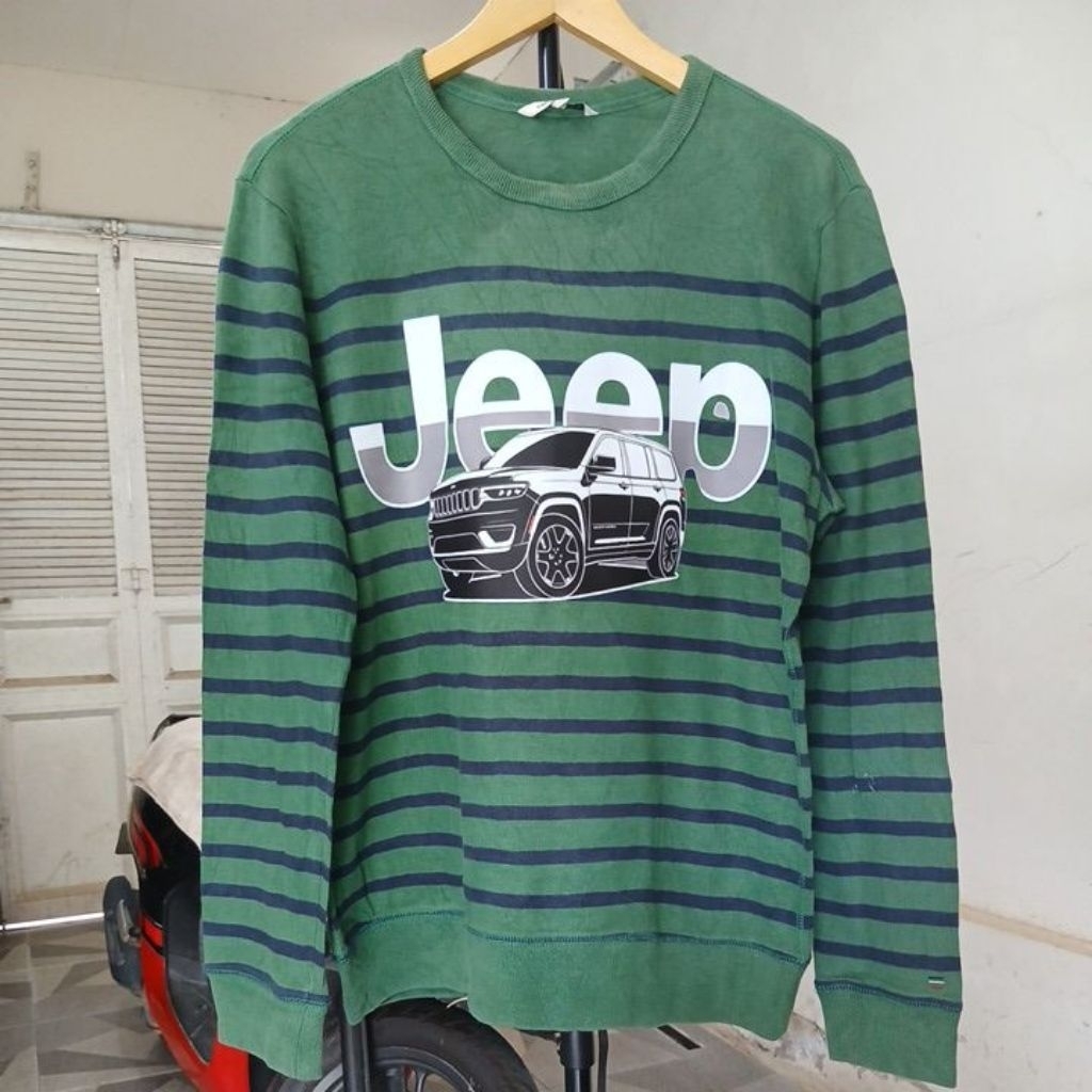 Kaos katun tebal long sleeve Crewneck lengan panjang warna hijau salur kerah kencang POLHAM second O