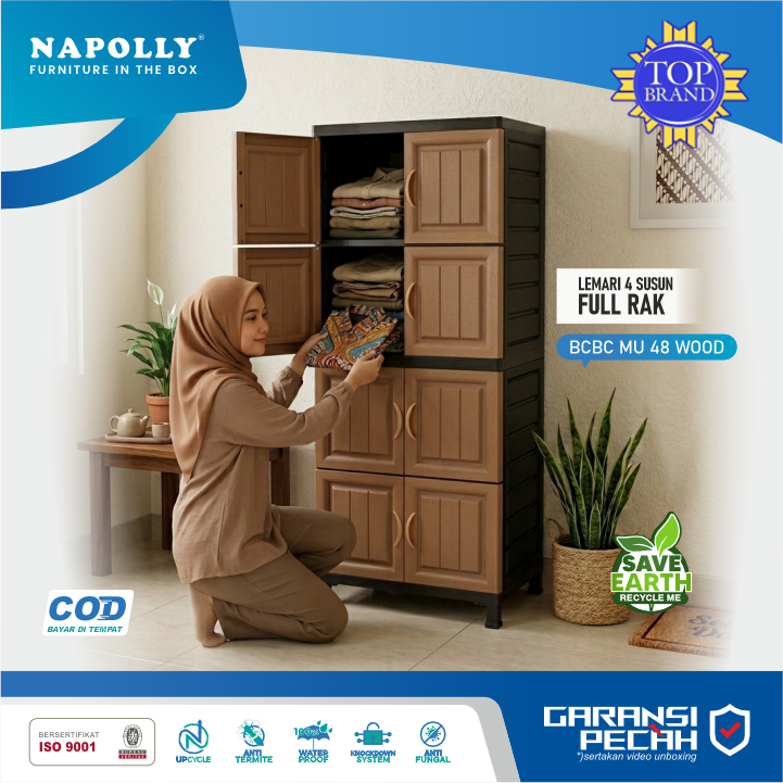 Lemari / Kabinet Plastik 4 Susun Rak dengan 8 Pintu Motif Kayu / Lemari Plastik Minimalis / Lemari P