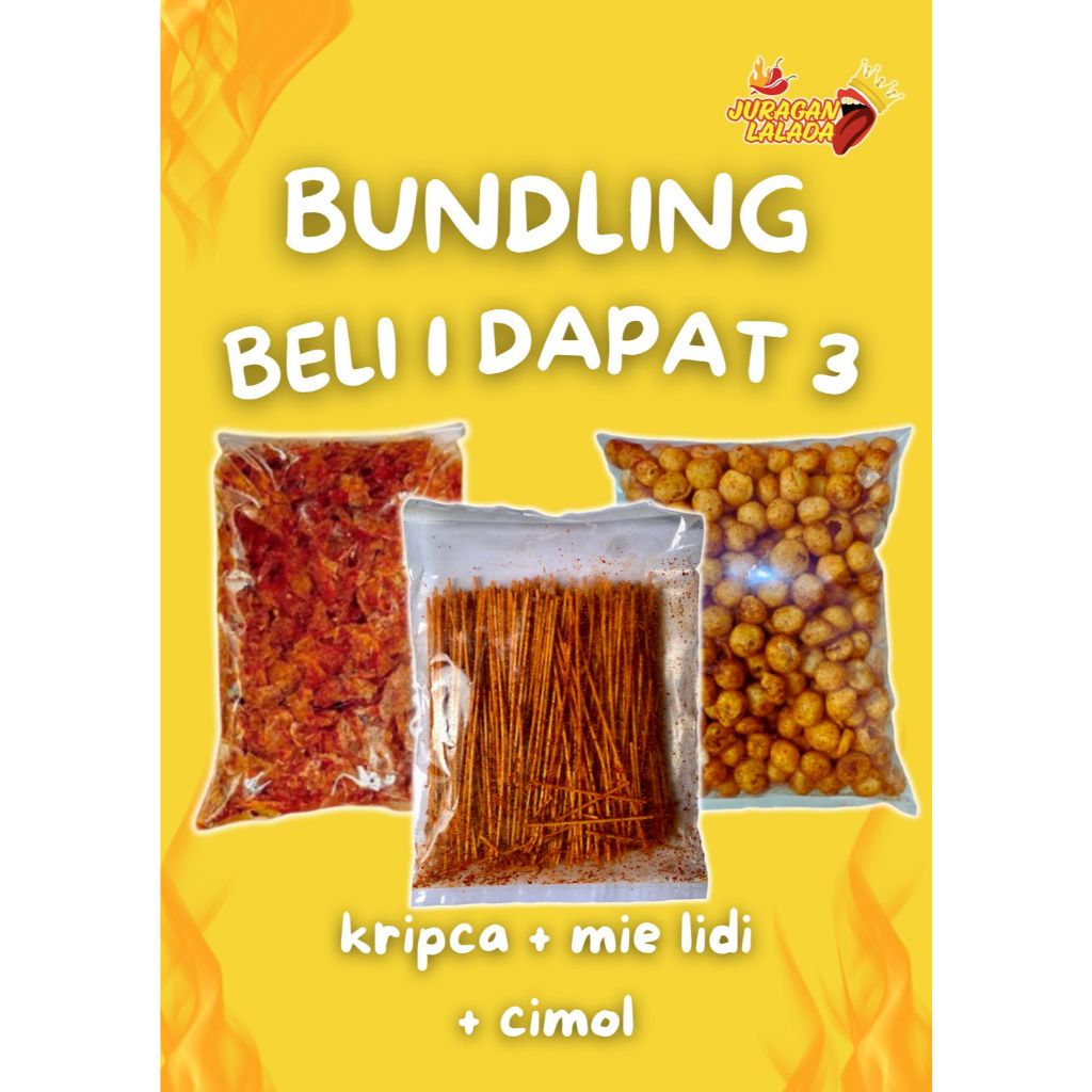 PAKET BUNDLING BELI 1 DAPAT 3 JURAGAN LALADA ( KRIPCA 200gr, MIE LIDI 200gr , CIMOL 200gr) PEDAS DAU