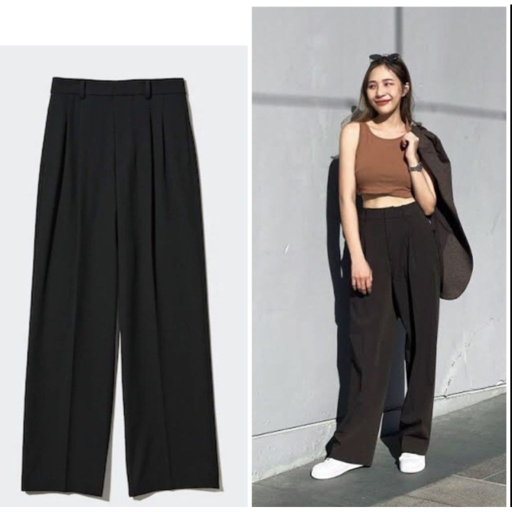 Uniqlo Pleated Wide Pants Black S /Celana Lebar Rapi