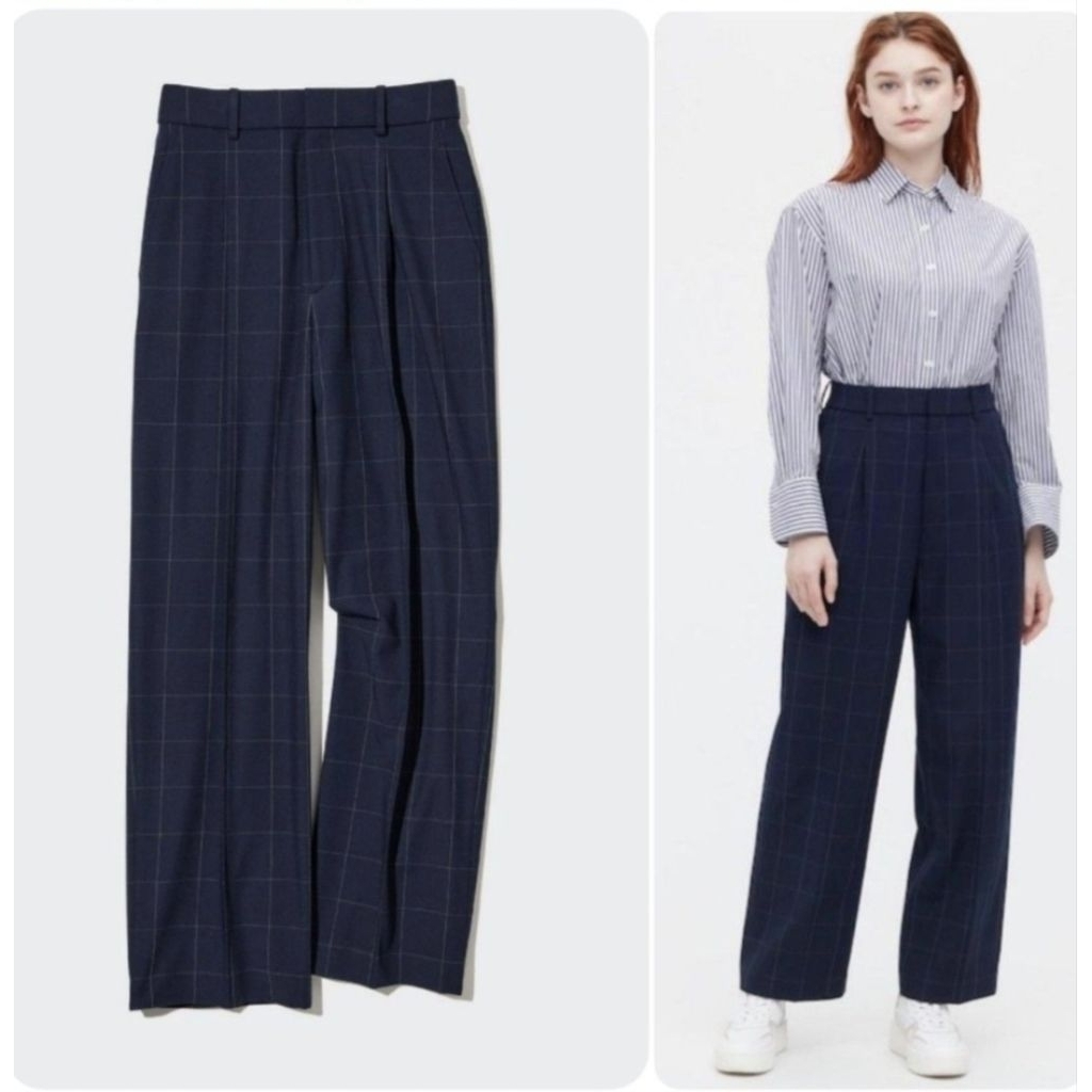 Uniqlo Pleated Wide Pants Windowpane Navy M