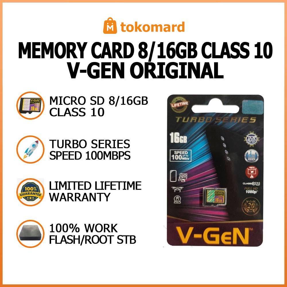 Memory Card Micro SD Vgen 8GB 16GB Class 10 Turbo Series Speed 100  V-GeN Original untuk Flash STB