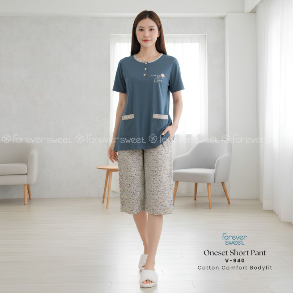 FOREVER SWEET | Oneset Baju Tidur Babydoll Setelan 3/4 Bodyfit Body Fit Celana Pendek Selutut V 879,