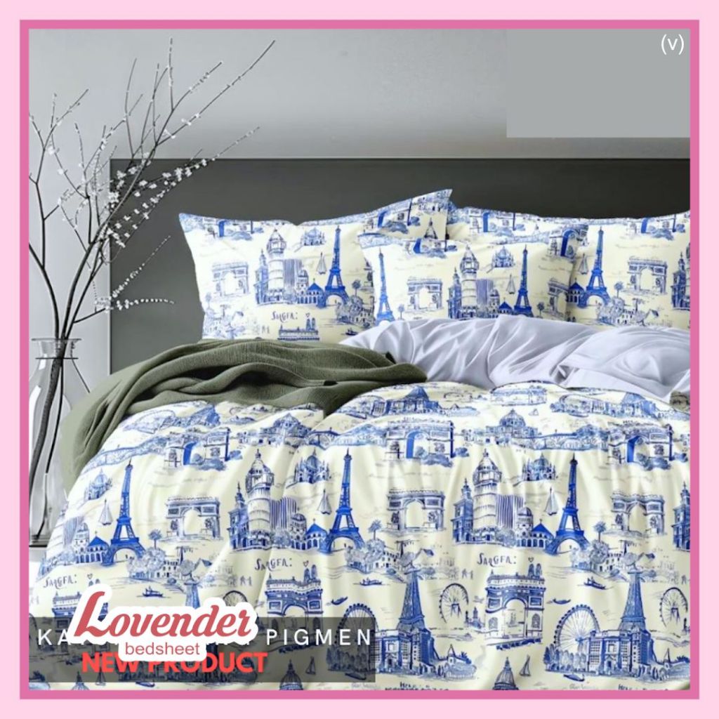Sprei/Bedcover katun JEPANG putih dior paris eiffel tower biru blue putih white city kota elegan dew