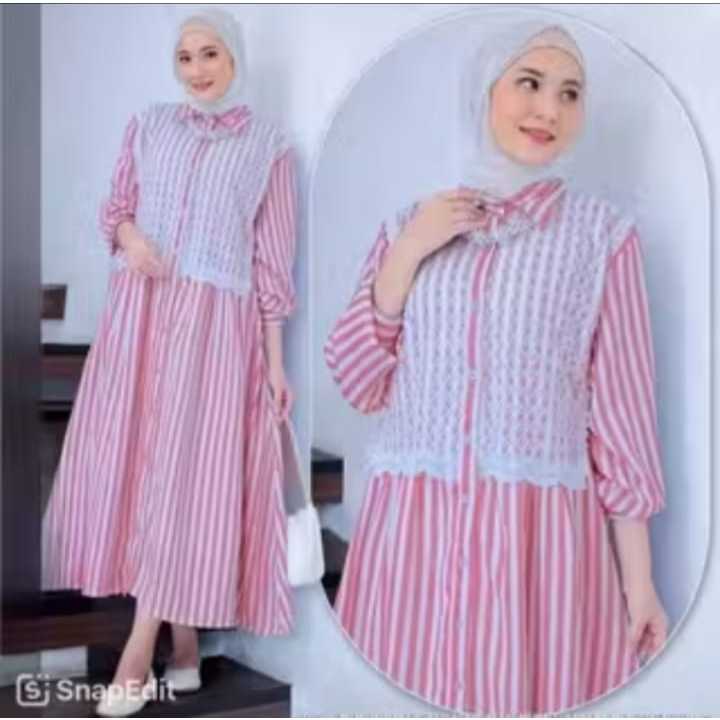 Midi Dress Salur Mix Brukat | Dress Korean Style | Gamis Lebaran 2025 Terbaru