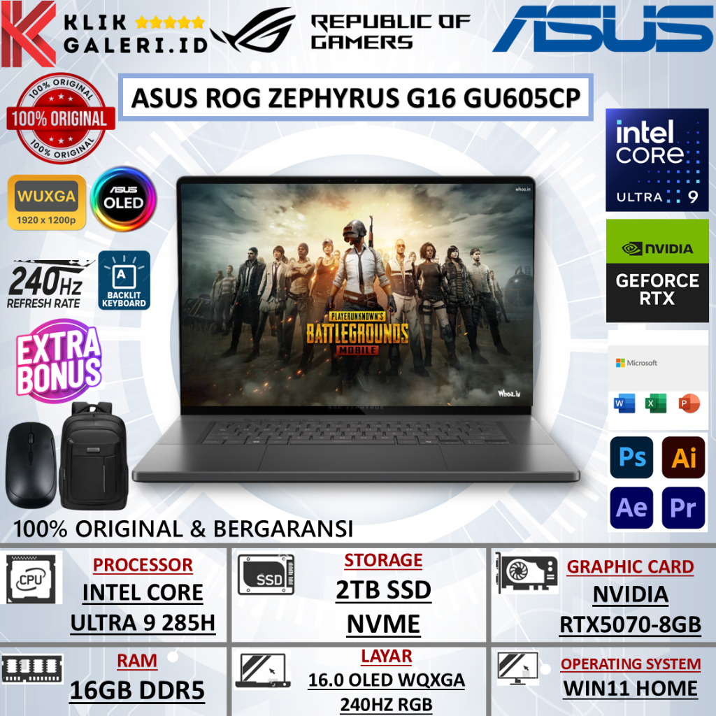 Laptop Gaming ASUS ROG ZEPHYRUS G16 RTX5070-8GB ULTRA 9 285H RAM 16GB 2TB SSD 240Hz OLED WIN11
