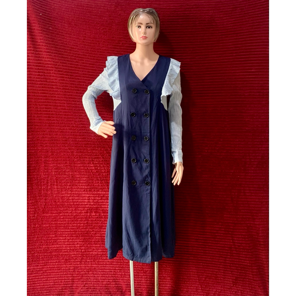 KOREAN NAVY DRESSS WANITA LAYER RUFFLE GAYA KEKINIAN | ALA COAT MEWAH | TANGAN PLISKET STYLISH MURAH