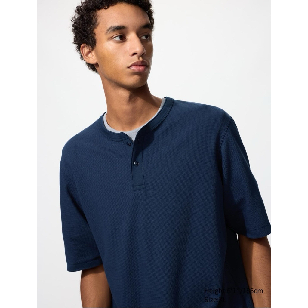 Sale Uniqlo Kaos Waffle Kerah Henley Lengan Pendek Original