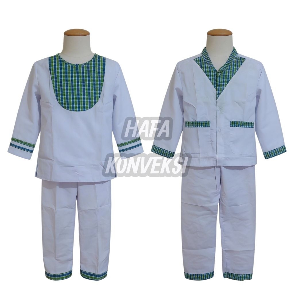 Baju Muslim Anak / Seragam Muslim Anak Tk Putih Kotak Hijau