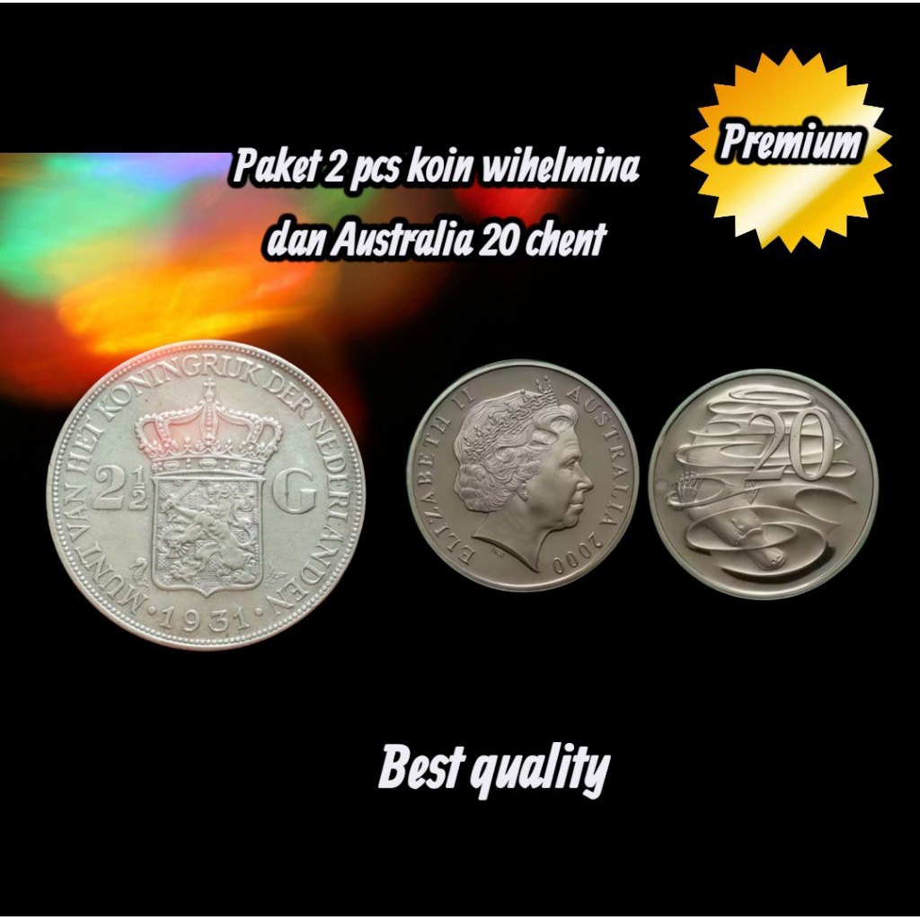 Paket 2pcs Koin Wilhelmina Nederland 2½ 2G + 20chen Australia Premium