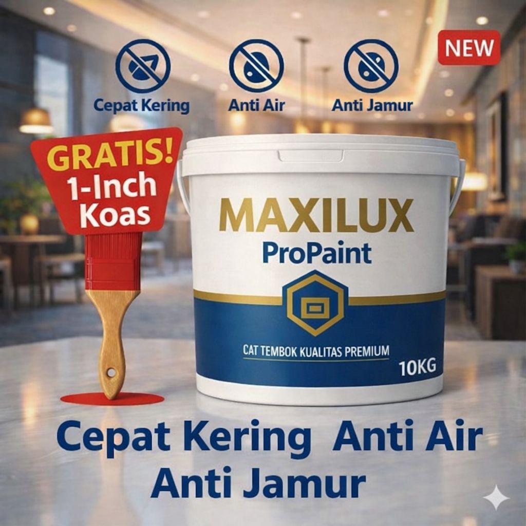 Cat Tembok 10KG MAXILUX ProPaint Premium – Cepat Kering, Anti Air & Anti Jamur + Gratis Kuas 1 Inch
