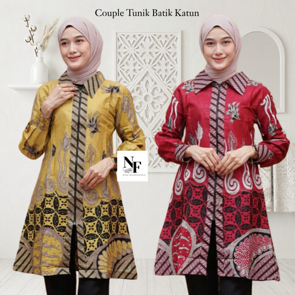 Couple Tunik Batik Wanita Pasangan Kemeja Batik Pria Bahan Kain Katun Batik Modern Motif Melodi