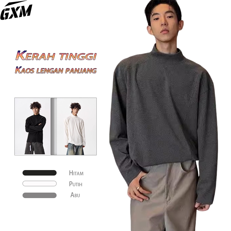 Atasan kasual pria Kaos Turtle Neck Polos Lengan Panjang Pria Baju Kerah Leher Tinggi Lengan Panjang