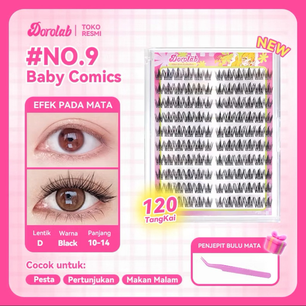 DOROLAB No9 BABY COMICS Set DIY Pinset Gratis Ekstensi Bulu Mata Cluster 100-120 tanpa lem Ekstensi