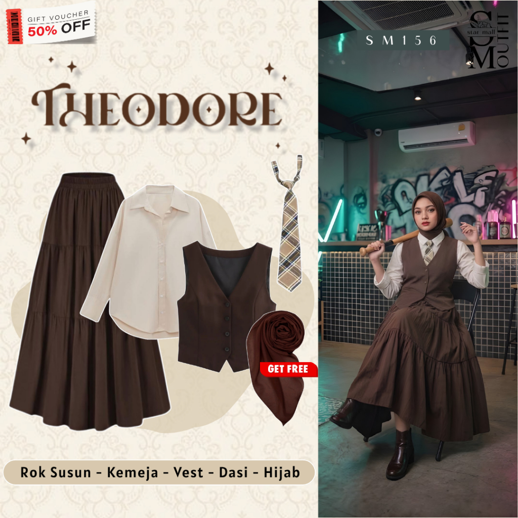 4in1 Set Enola Holmes Yearbook OOTD [Vest, Rok Susun, Kemeja, Dasi, FREE Hijab] Outfit Vintage SM156