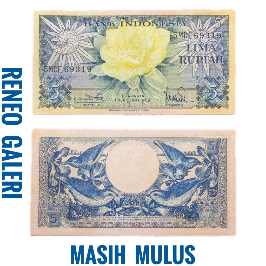 Mulus asli Rp 5 Rupiah Seri Bunga Burung tahun 1959 Uang kertas Kuno duit jadul lawas lama original