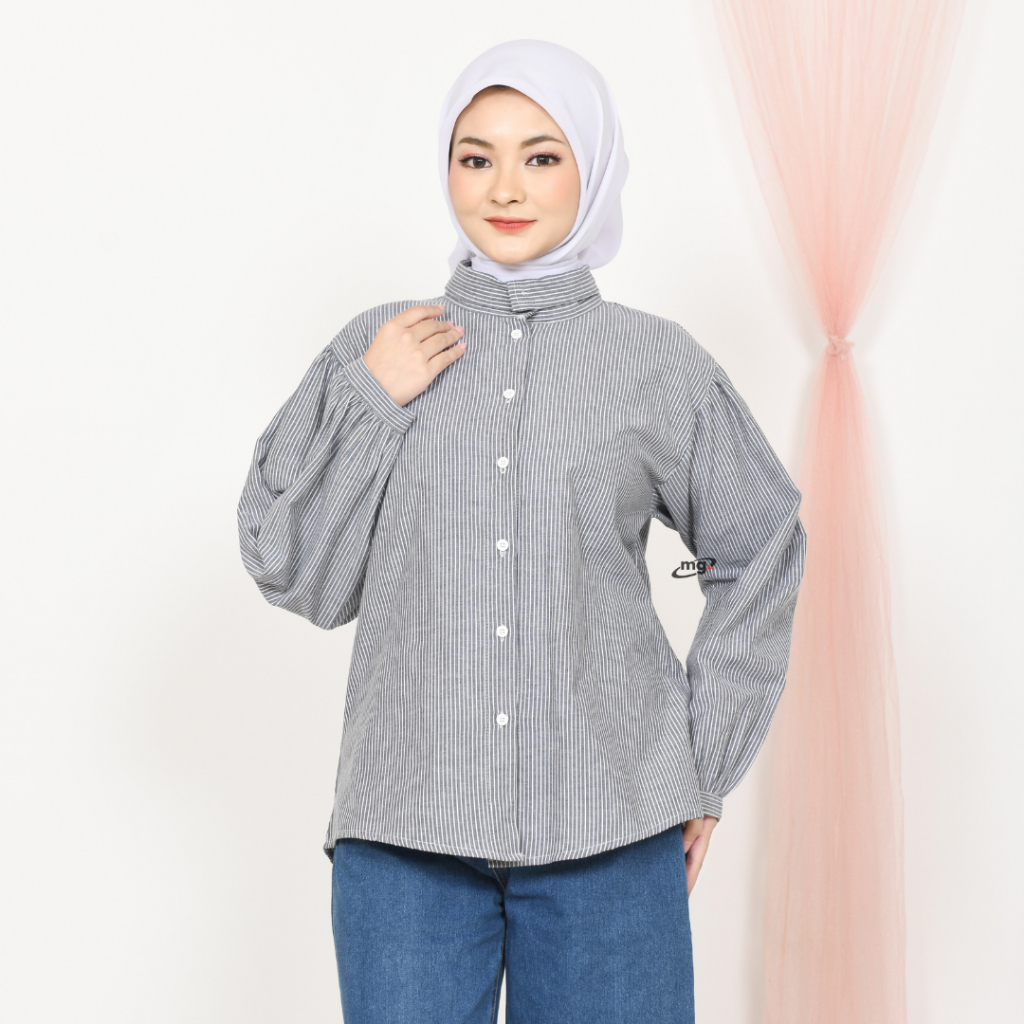 MORGOODS - Kemeja Salur Blouse Stripe Hitam // Blouse Wanita // Blouse Lengan Balon // Kemeja Blouse