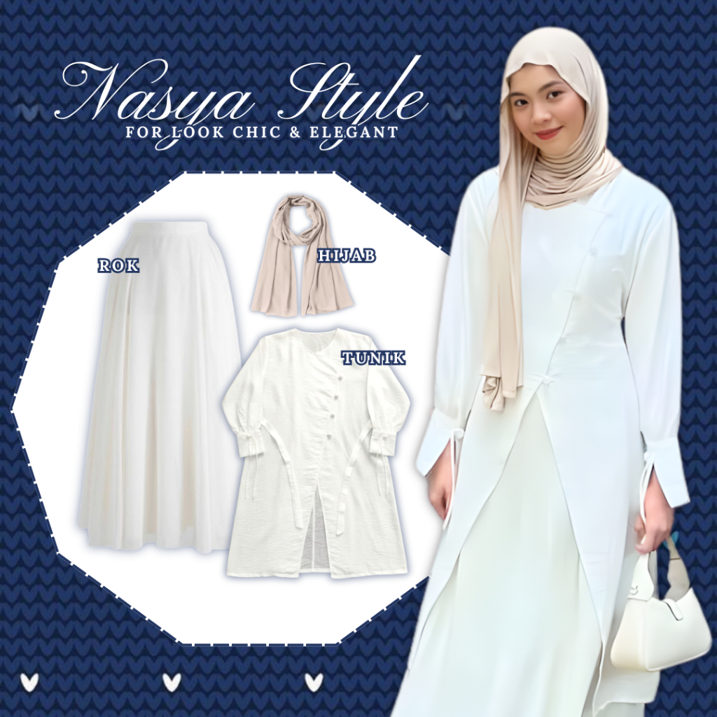 One Set Hijab Nasya 3in1 / Setelan Cewek Kekinian / Outfit Kondangan / Tunik Linen Panjang + Rok Jod