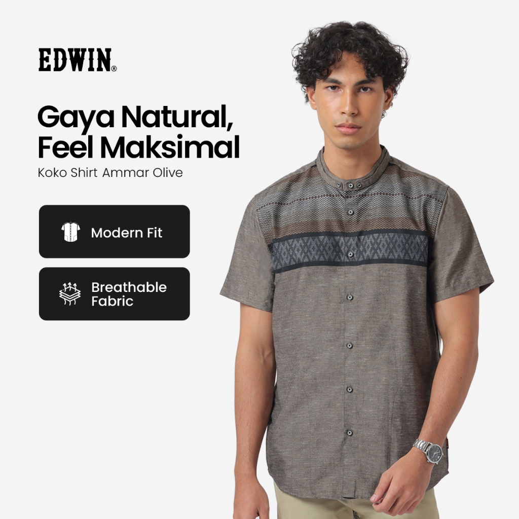 EDWIN JEANS - Kemeja Koko Pria Lengan Pendek AMMAR OLIVE Baju Muslim Pria