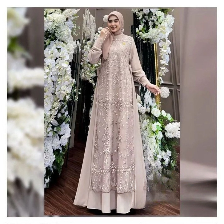 Gamis Inner Outer Brokat Terpisah Mewah Famous Set WD Size M L XL XXL XXXL Busui Friendly Bahan Ceru