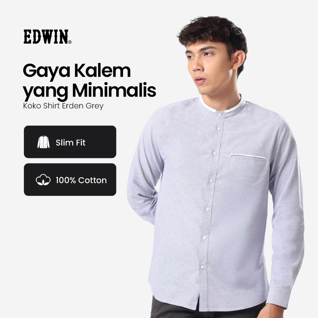 EDWIN JEANS - Kemeja Koko Pria Lengan Panjang ERDEN GREY Baju Muslim Pria