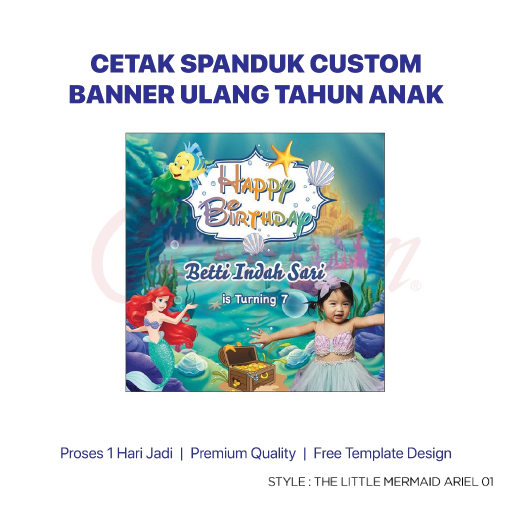 Cetak Print Spanduk-Banner Ulang Tahun Anak/ Banner Ulang Tahun Tema The Little Mermaid