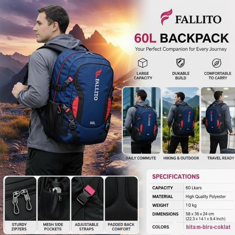 Ranse Pria 60L Tas Ransel Pria 60L Mountain Backpack Polyester Nylon Praktis Modern Hitam Mudik Camp