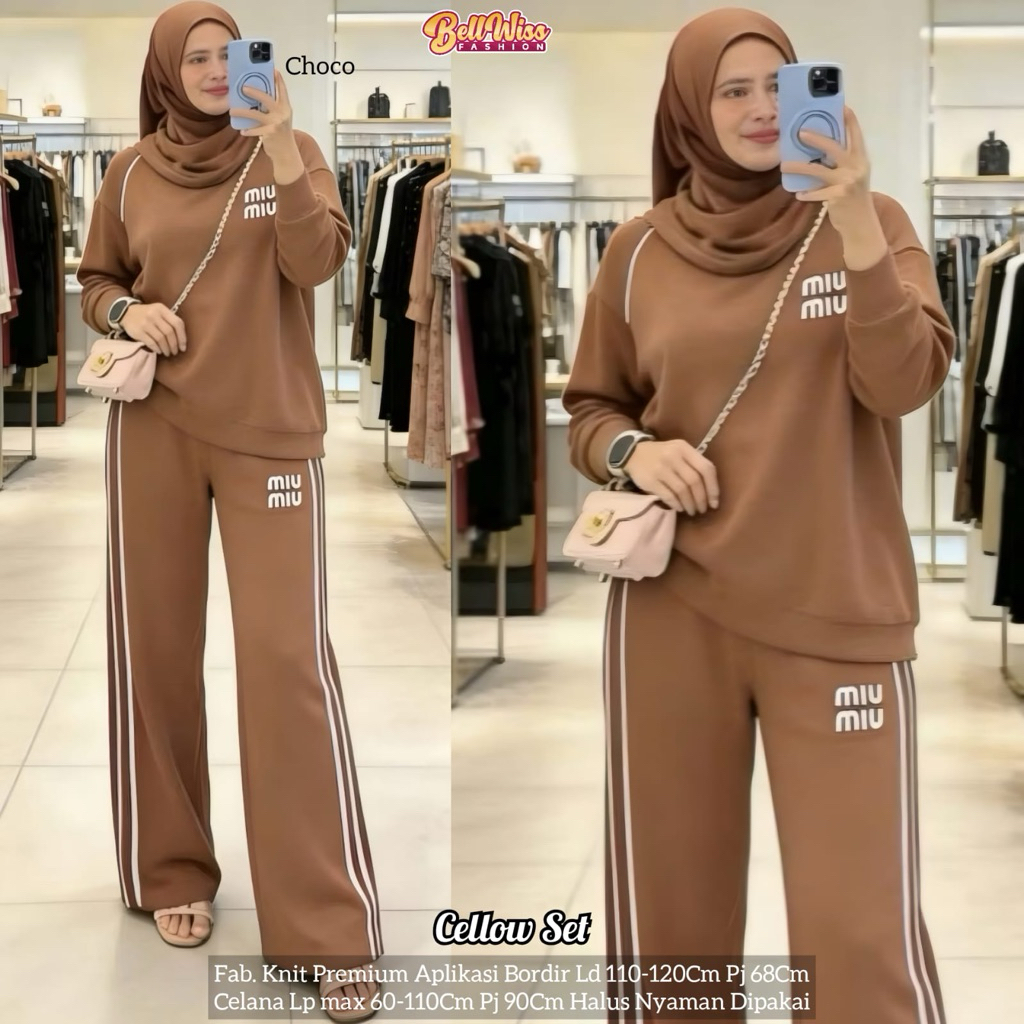 Cellow Set Knit Premium - One Set Wanita Hijab Bordir MIU Miu Style - Setelan Celana Kulot & Sweater