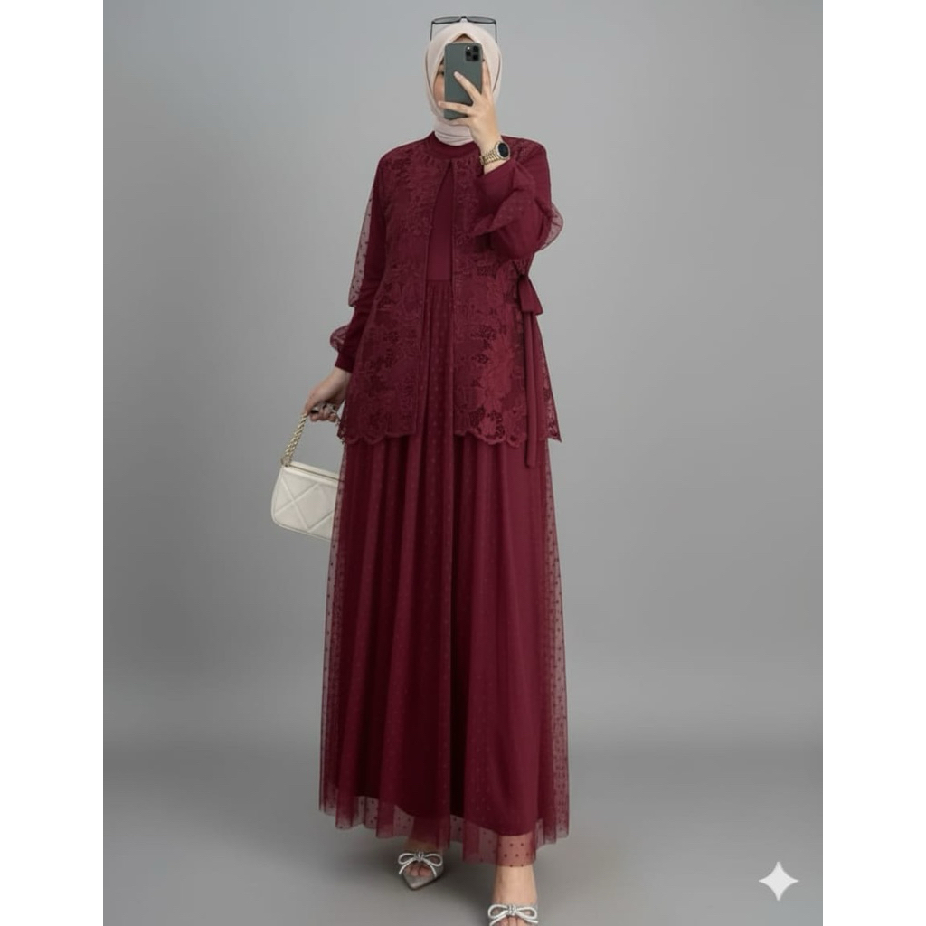 GAMIS INER + OUTHER SAKURA DRESS MEWAH IKN BAHAN VELVET MIX TILE DOT TERBARU