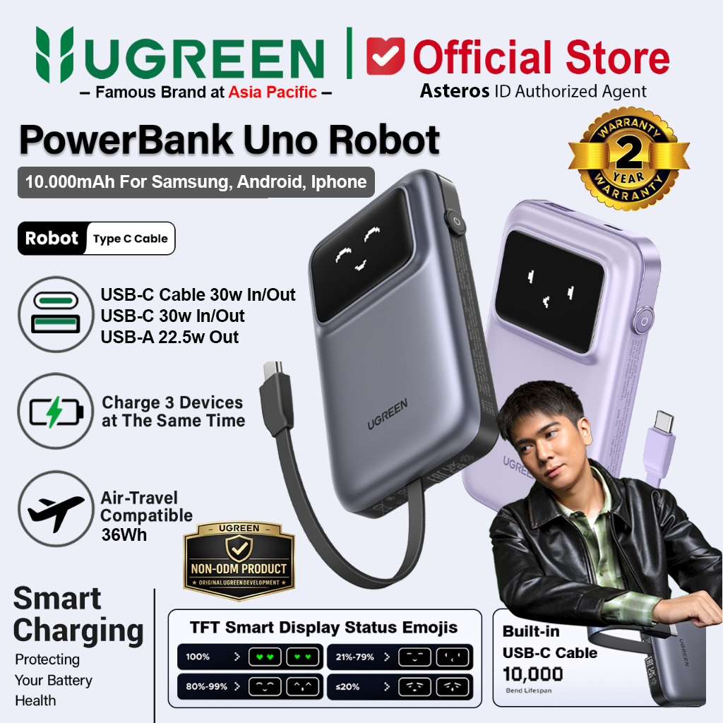 UGREEN UNO Robot Power Bank 10.000mAh PD Fast Charging 30W Built-In Type-C Cable