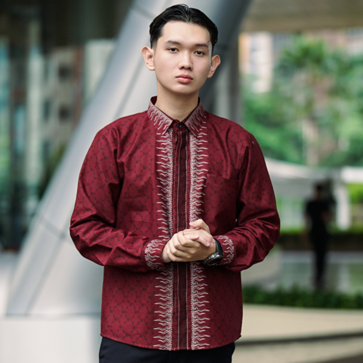 BATIK TRUSMI - MOMEN COLLECTION - Batik Shirt Exclusive Cervus Maroon Shirt  - Elegant Slim Fit - CE