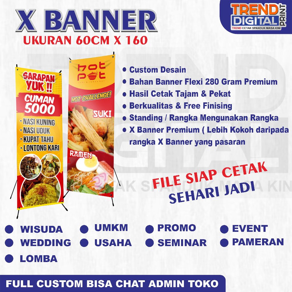 X BANNER WISUDA / WEDDING / PROMOSI / STANDING BANNER MURAH + tiang
