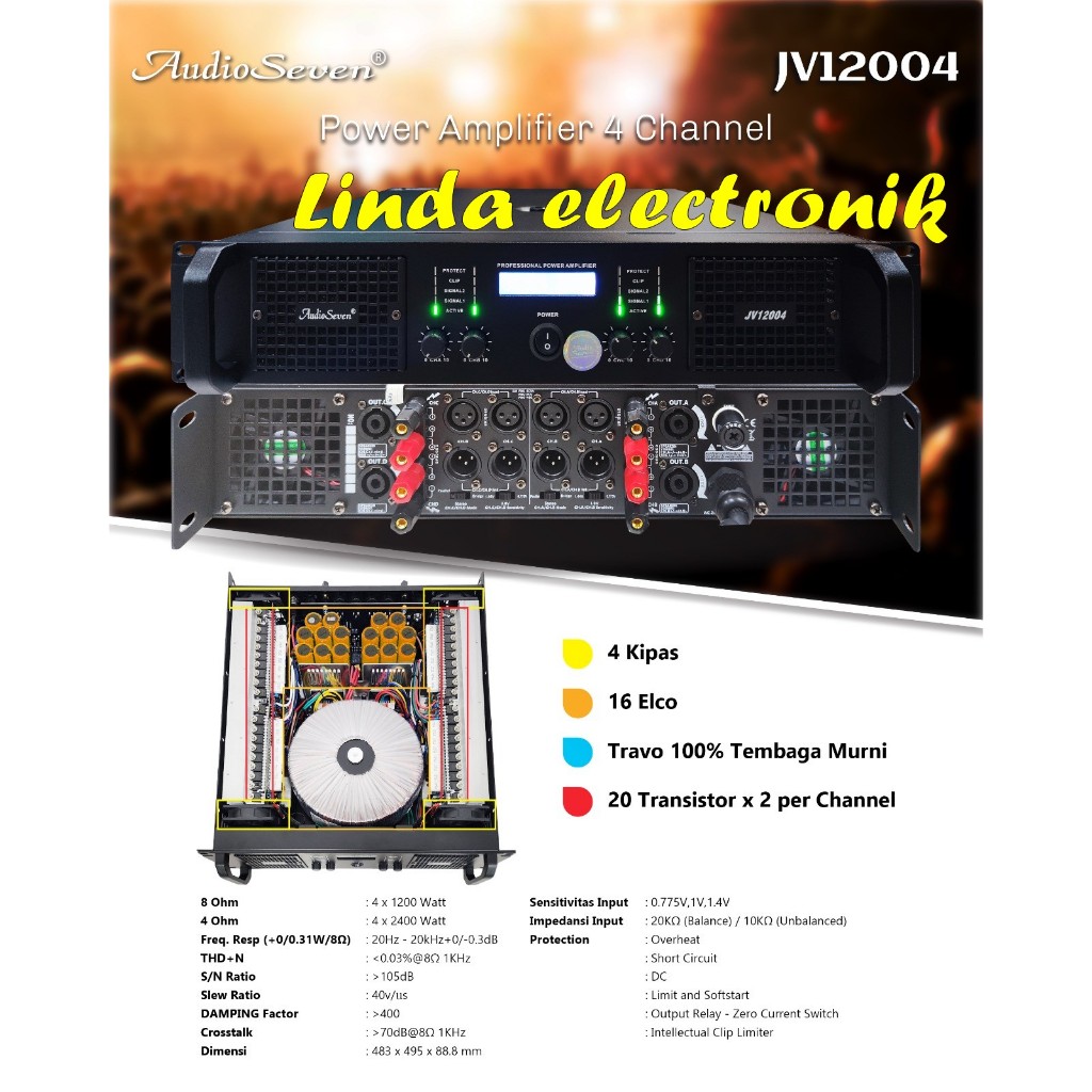 power audio seven jv12004 / jv 12004 / AUDIO SEVEN JV12004 / JV 12004 4 channel 4 x 1200watt origina