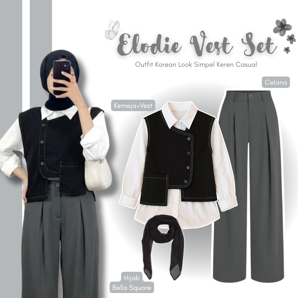 Outfit Keren Korean Look OOTD Kekinian 4in1 Set | Kemeja Vest Celana Jennie Hijab Bella Square | Set