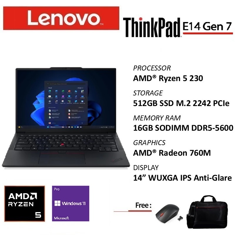 Lenovo ThinkPad E14 Gen 7 Ryzen 5 230 16GB 512GB Win11Pro 14" Include Asuransi