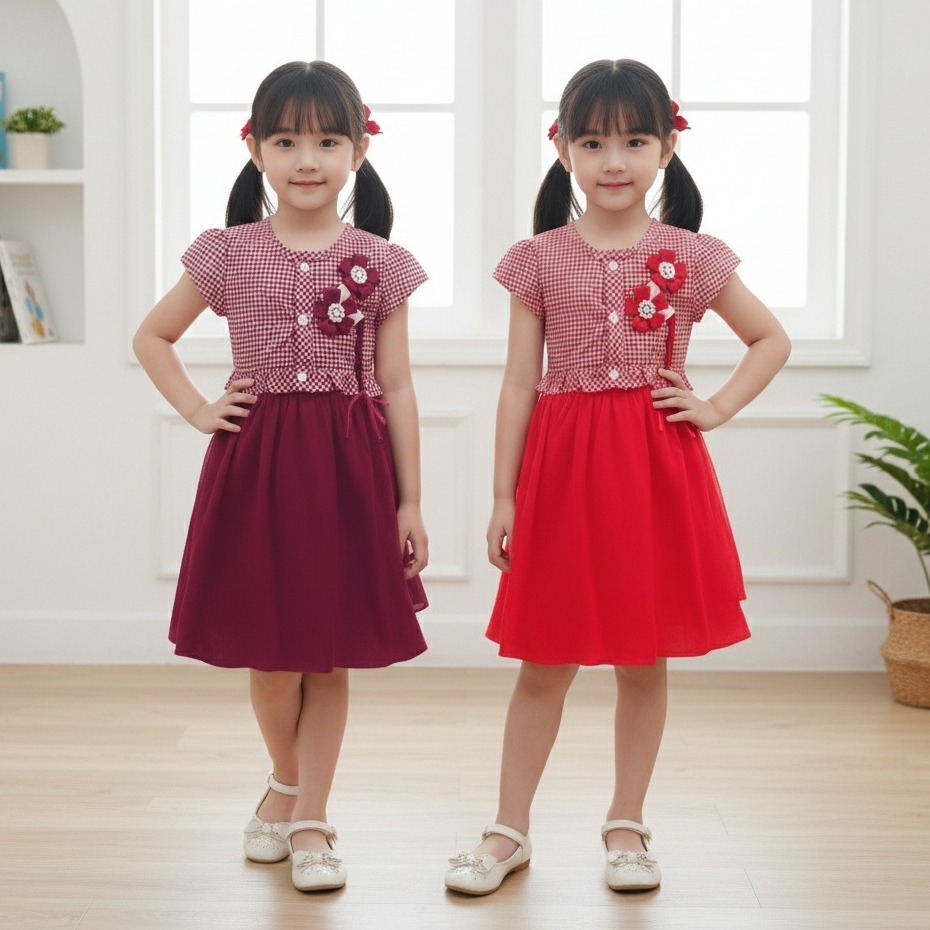 YUFFIE - Baju Dress Anak Perempuan Cantik Katun Rompi Kotak 1-8 Tahun 4310