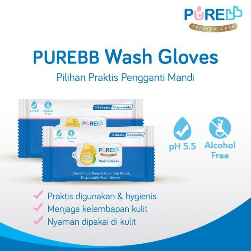 Purebb Wash Gloves 10s / Washlap tisu mandi bayi