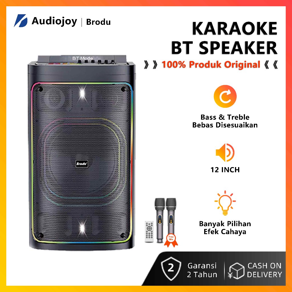 Speaker Karaoke Bluetooth BTS-2241 12 Inch Woofer with 2 Mic Wireless, RGB Light Party Speaker Porta